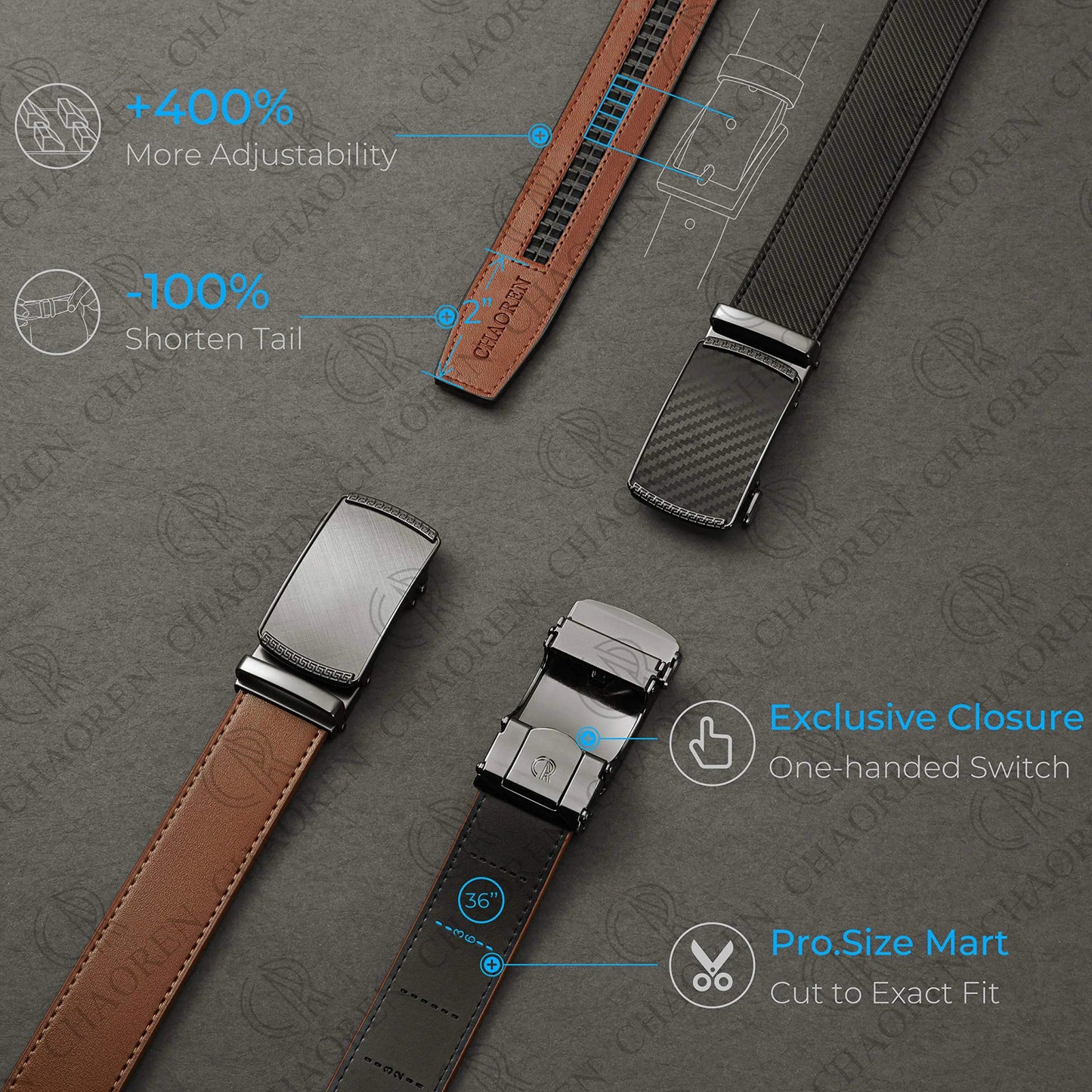 CHAOREN Mens belt - Mens Ratchet Belt Leather 1 3/8" for Dress Pant - Micro Adjustable Belt Fit Everywhere Black - 2 32" to 38" Waist Adjustable - KB General Store