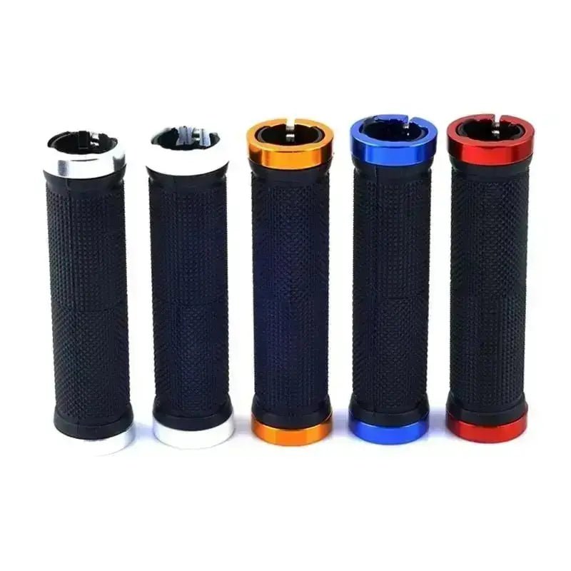 Set of five alloy bicycle handlebar grips in black with colored end caps for improved comfort and control