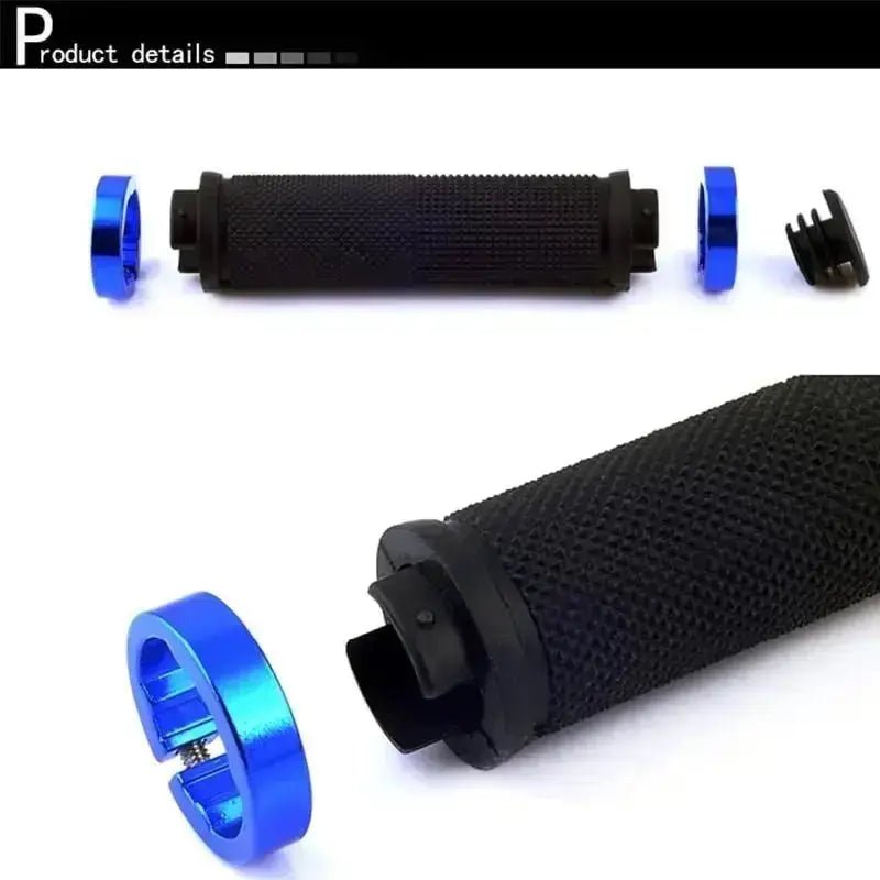 Alloy bicycle handlebar grips in black with blue end caps for enhanced grip and style