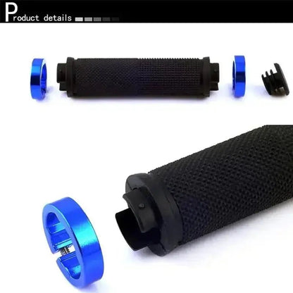 Alloy bicycle handlebar grips in black with blue end caps for enhanced grip and style