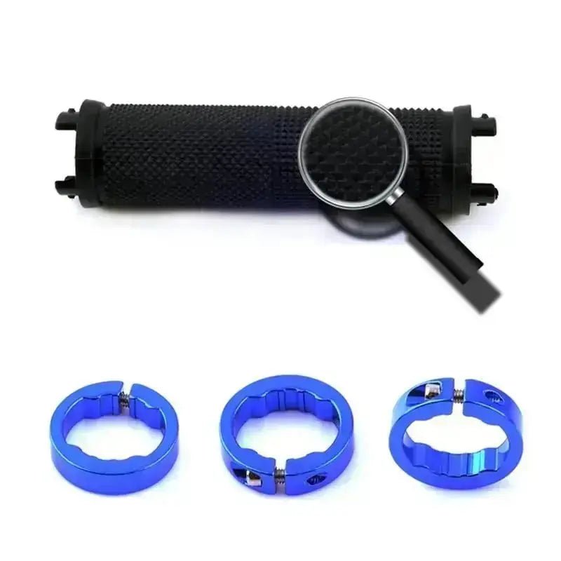 Alloy bicycle handlebar grips in black with blue clamps for enhanced cycling comfort and control