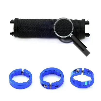 Alloy bicycle handlebar grips in black with blue clamps for enhanced cycling comfort and control