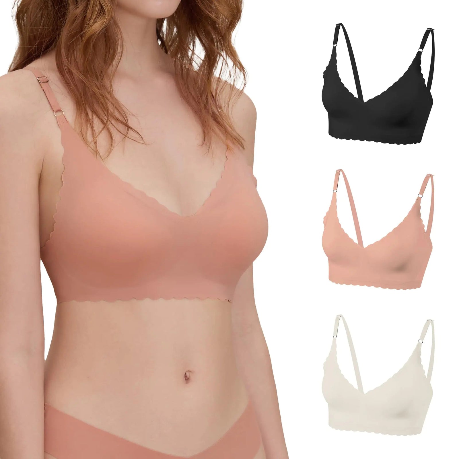 DEANGELMON V - Neck Seamless Bralette Trio in Black, Peach & Apricot - KB General Store