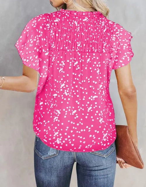 Cargue la imagen en el visor de la galería, Dokotoo Women&#39;s Casual V Neck Alicia Floral Print Smocked Short Sleeve Chiffon Blouses Bohemian Top Shirts X - Large Pink - KB General Store
