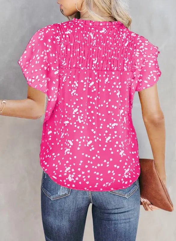 Dokotoo Women's Casual V Neck Alicia Floral Print Smocked Short Sleeve Chiffon Blouses Bohemian Top Shirts X - Large Pink - KB General Store