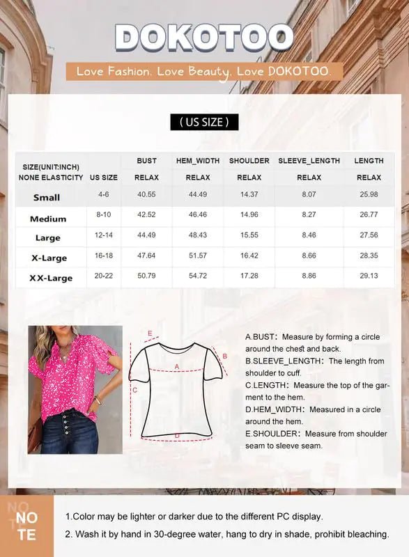 Dokotoo Women's Casual V Neck Alicia Floral Print Smocked Short Sleeve Chiffon Blouses Bohemian Top Shirts X - Large Pink - KB General Store