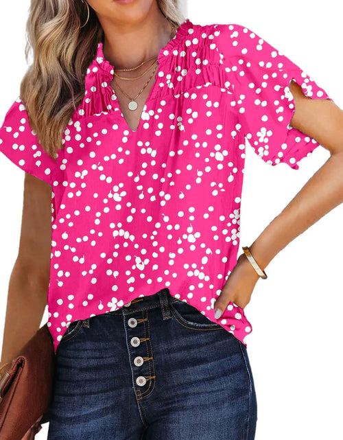 Cargue la imagen en el visor de la galería, Dokotoo Women&#39;s Casual V Neck Alicia Floral Print Smocked Short Sleeve Chiffon Blouses Bohemian Top Shirts X - Large Pink - KB General Store
