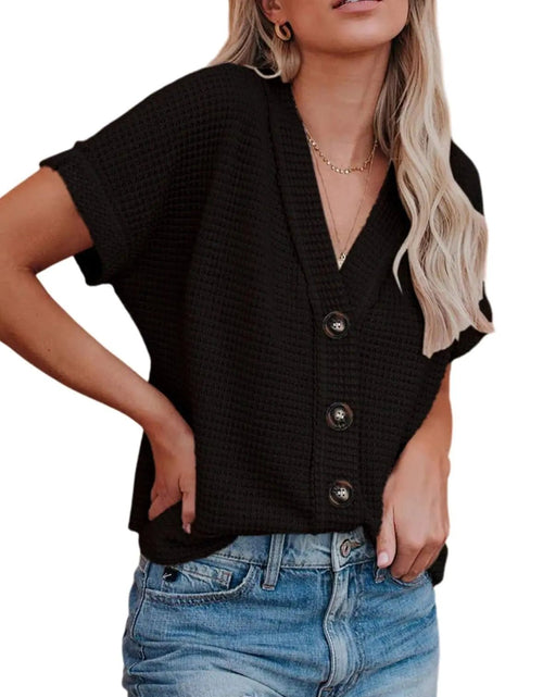 Cargue la imagen en el visor de la galería, Dokotoo Womens Summer Tops 2024 Waffle Knit Button Down Shirts Casual V Neck Short Sleeve Shacket Jacket Dressy Blouses X - Large Black - KB General Store
