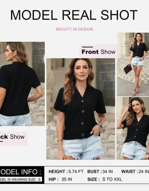 Cargue la imagen en el visor de la galería, Dokotoo Womens Summer Tops 2024 Waffle Knit Button Down Shirts Casual V Neck Short Sleeve Shacket Jacket Dressy Blouses X - Large Black - KB General Store
