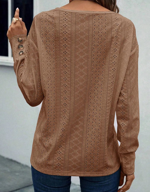 Cargue la imagen en el visor de la galería, Dokotoo Women&#39;s Tops Dressy Casual V Neck Long Sleeve Buttons Hollow Out Lace Embroidered Blouses Shirts Small Camel - KB General Store
