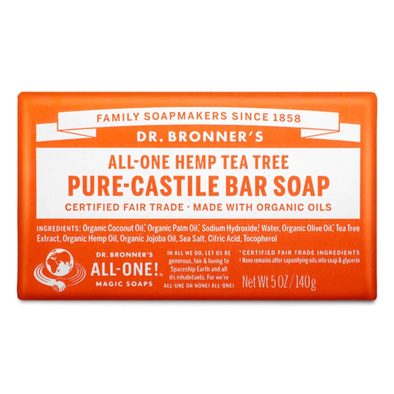 Dr. Bronner's - Pure - Castile Bar Soap (Tea Tree, 5 ounce) - Made with Organic Oils, For Face, Body, Hair and Dandruff, Gentle on Acne - Prone Skin, Biodegradable, Vegan, Non - GMO 5 Ounce (Pack of 1) - KB General Store