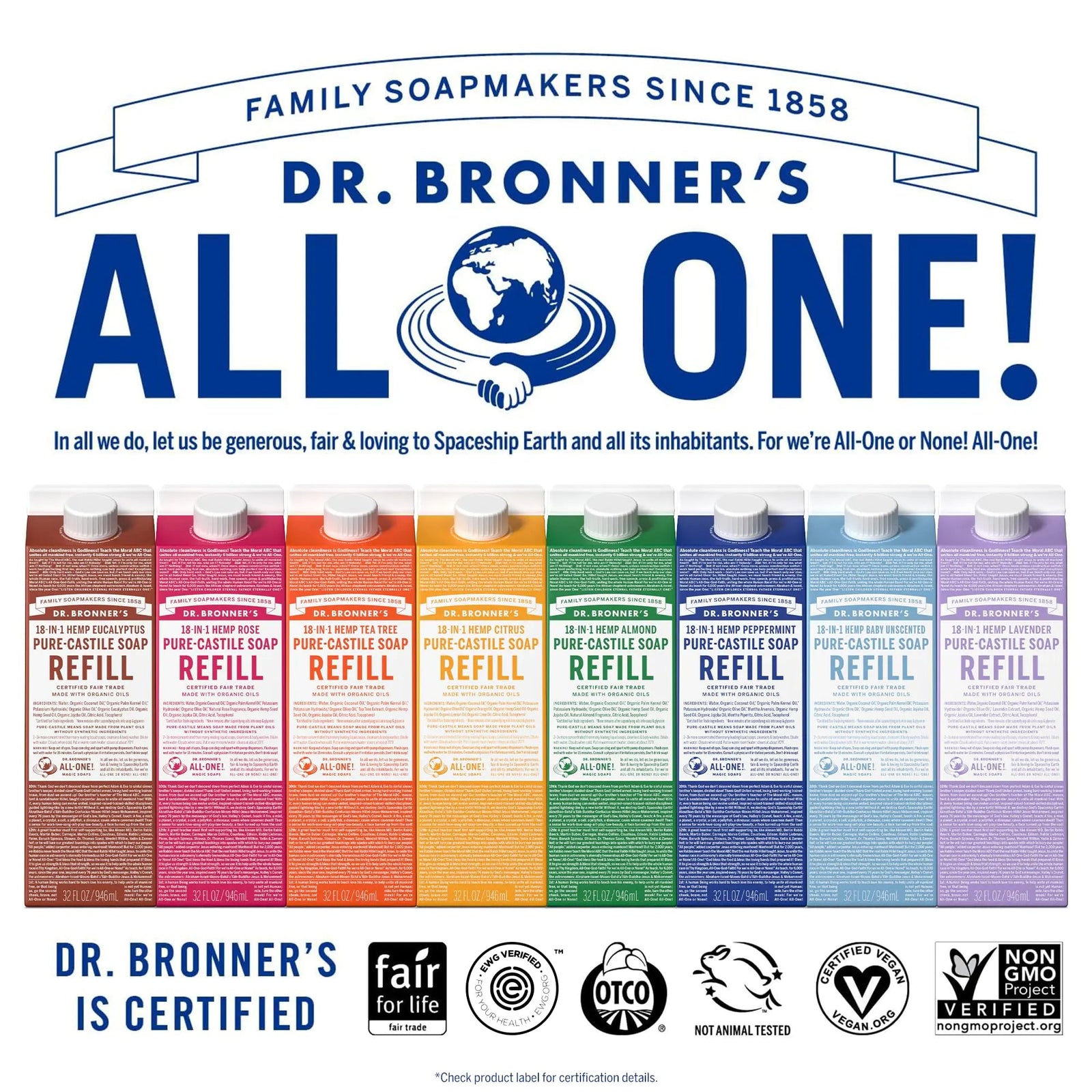 Dr. Bronner's - Pure - Castile Liquid Soap Refill, 82% Less Plastic per Quart, Made with Organic Oils, 18 - in - 1 Uses, For Face, Body, Hand Soap Refill, Hair, Laundry, Pets & Dishes (32oz, Tea Tree) - KB General Store