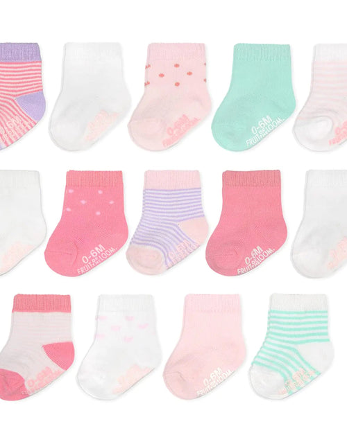 Cargue la imagen en el visor de la galería, Fruit of the Loom Baby 14 - Pack Grow &amp; Fit Flex Zones Cotton Stretch Socks - Unisex, Girls, Boys 0 - 6 Months Pink Stripe - KB General Store
