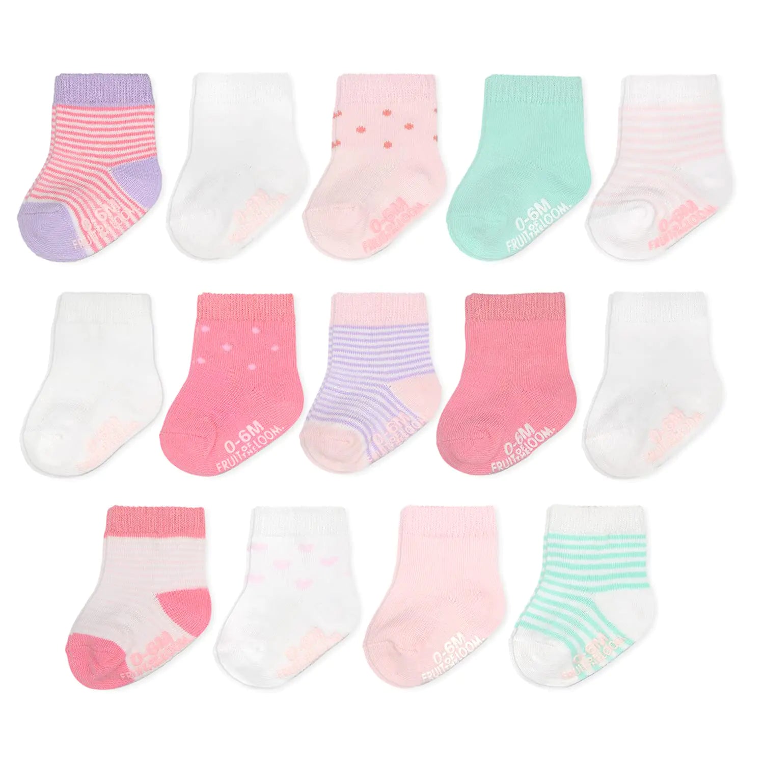 Fruit of the Loom Baby 14 - Pack Grow & Fit Flex Zones Cotton Stretch Socks - Unisex, Girls, Boys 0 - 6 Months Pink Stripe - KB General Store