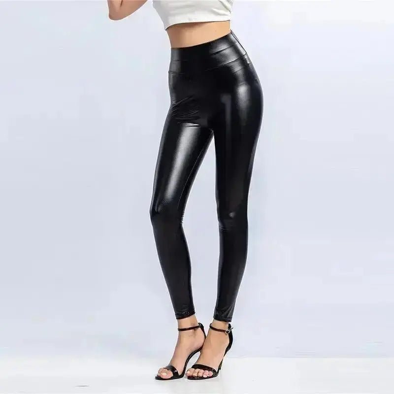 Black high waist leggings for women with a shiny finish, perfect for casual and workout wear