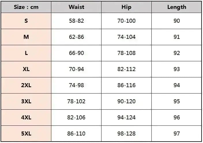 Size chart for high waist leggings for women, detailing measurements for various sizes.