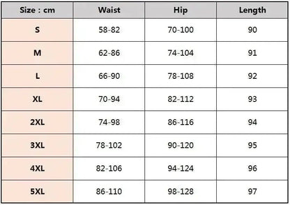 Size chart for high waist leggings for women, detailing measurements for various sizes.