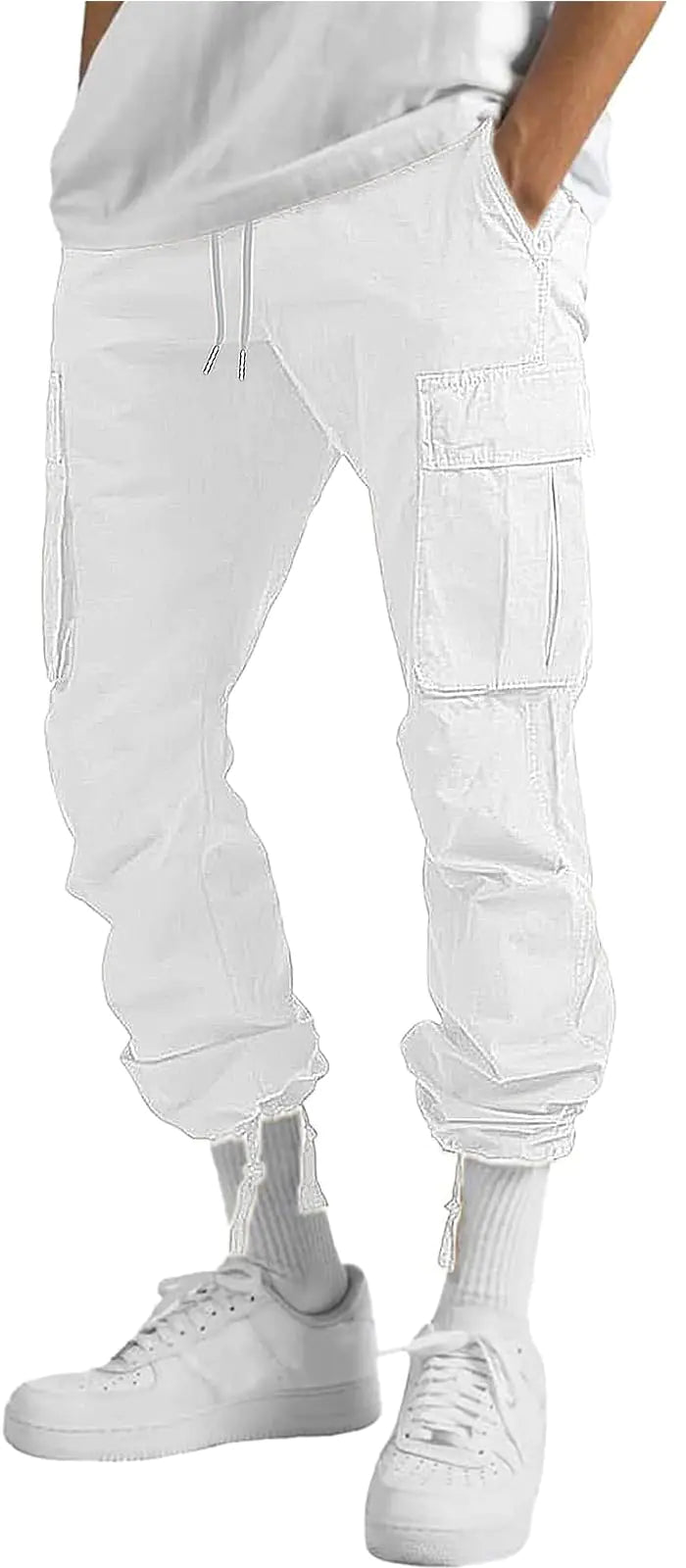 HUNGSON Mens Cargo Pants Casual Hiking Pants Joggers Athletic Pants Cotton Loose Straight Sweatpants for Men 28 White - KB General Store