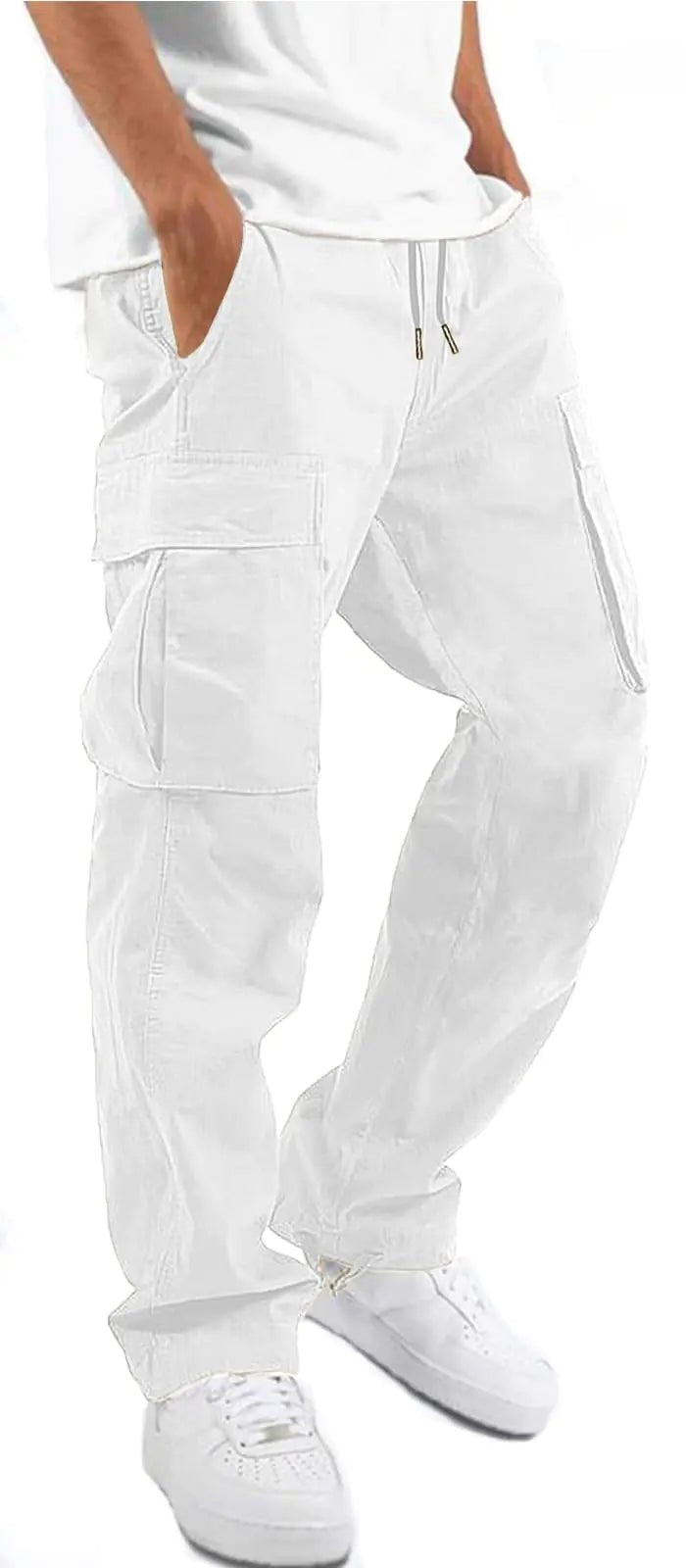 HUNGSON Mens Cargo Pants Casual Hiking Pants Joggers Athletic Pants Cotton Loose Straight Sweatpants for Men 28 White - KB General Store