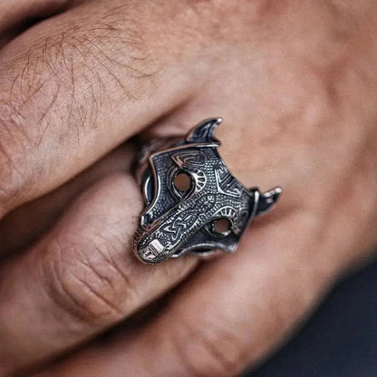 Men's Viking ring designed as a detailed Viking wolf head with intricate patterns