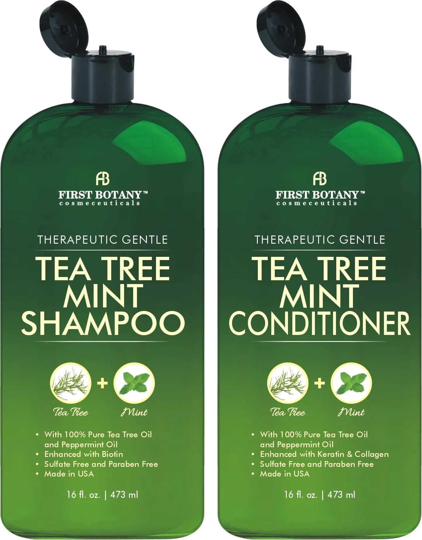 Mint Shampoo and Conditioner - Tea Tree and Peppermint Oils - Promotes Hair Growth, Fights Dandruff, Lice & Itchy Scalp - Sulfate - Free for Men and Women - 16 fl oz x 2 - KB General Store