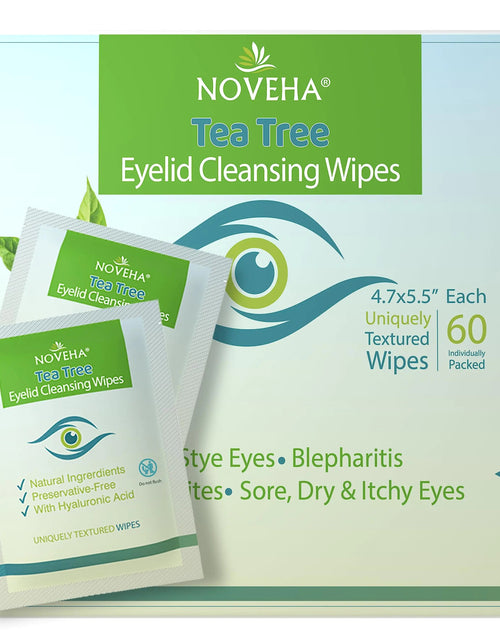 Load image into Gallery viewer, NOVEHA 60PCs Tea Tree Oil Eyelid &amp; Lash Wipes | With Hyaluronic Acid, Green Tea &amp; Chamomile For Blepharitis, Itchy &amp; Stye Eyes, Individually Wrapped, Natural Eyelash Makeup Remover &amp; Daily Cleanser - KB General Store
