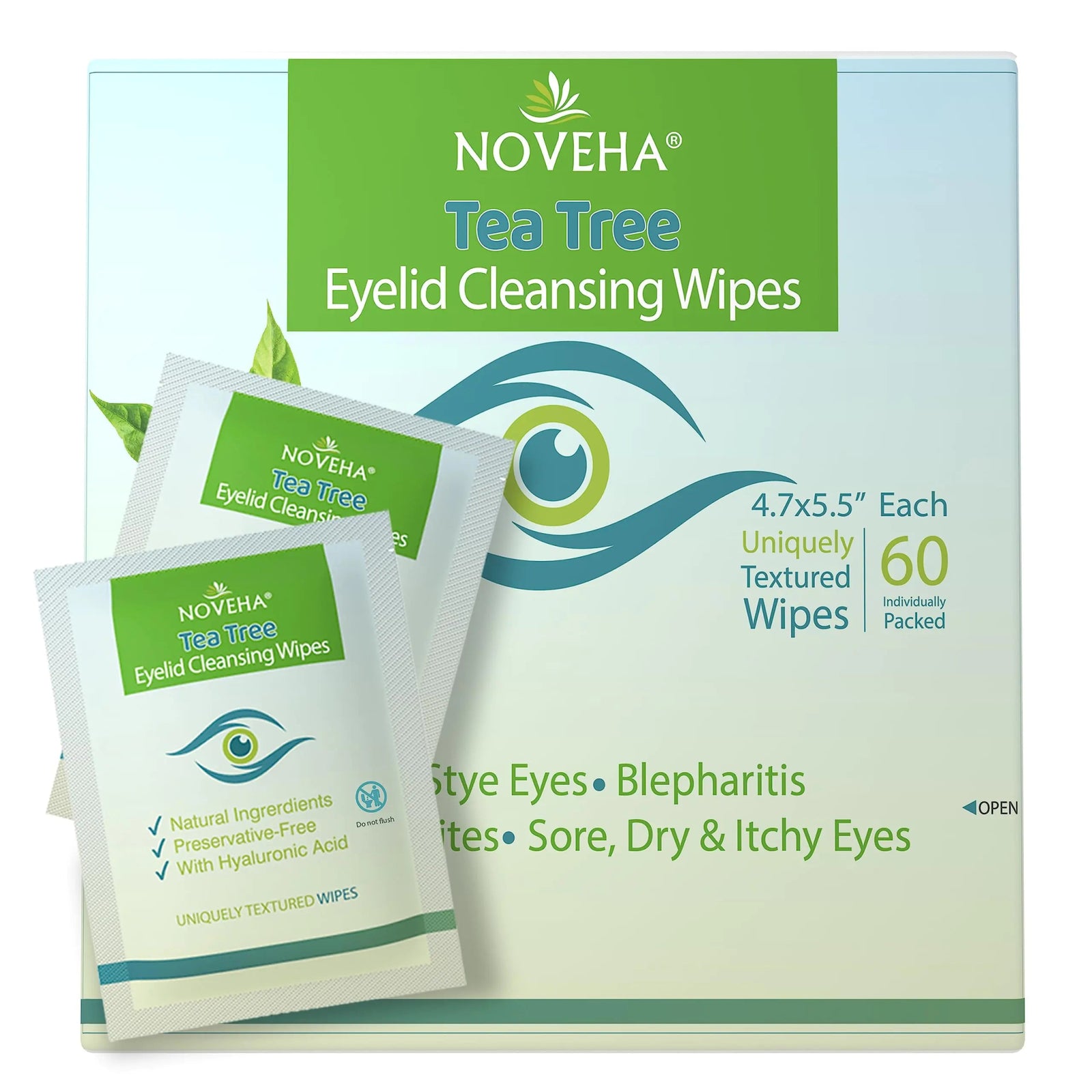 NOVEHA 60PCs Tea Tree Oil Eyelid & Lash Wipes | With Hyaluronic Acid, Green Tea & Chamomile For Blepharitis, Itchy & Stye Eyes, Individually Wrapped, Natural Eyelash Makeup Remover & Daily Cleanser - KB General Store