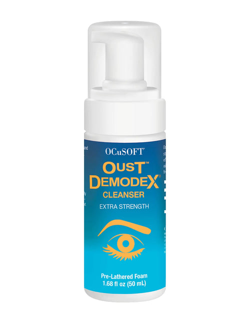 Load image into Gallery viewer, OCuSOFT Oust Demodex Foam Cleanser - Extra Strength - Foaming Cleanser for Eyelids &amp; Eyelashes with Tea Tree Oil - Eyelid Cleanser to Remove Oil, Debris &amp; Pollen - 1.68 fl oz - KB General Store
