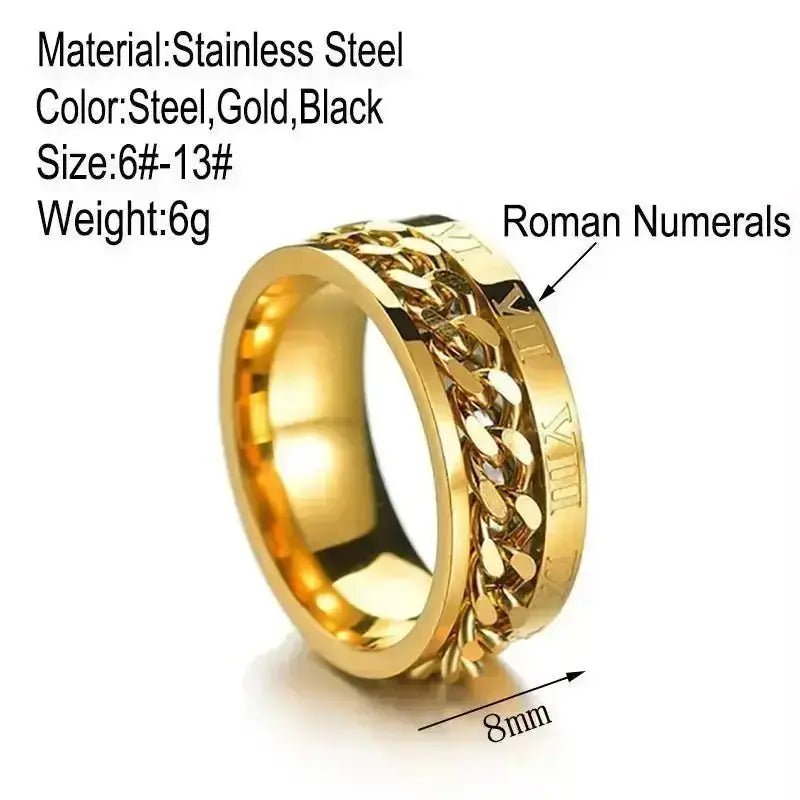 Gold Roman Numeral Spinner Ring made of stainless steel with a chain design and an 8mm width